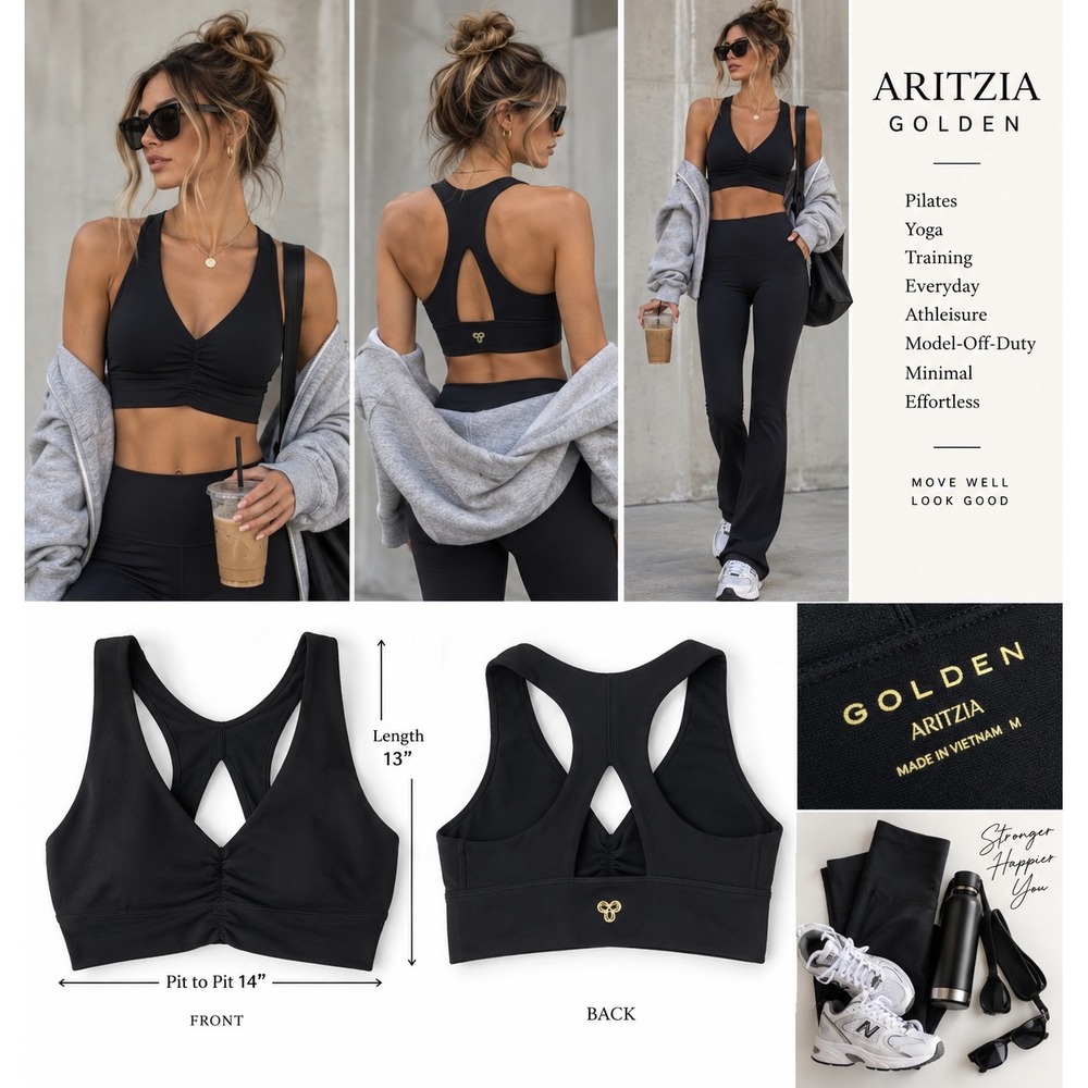 Aritzia Golden Black Sports Bra Womens M Ruched Racerback Longline Crop Top
